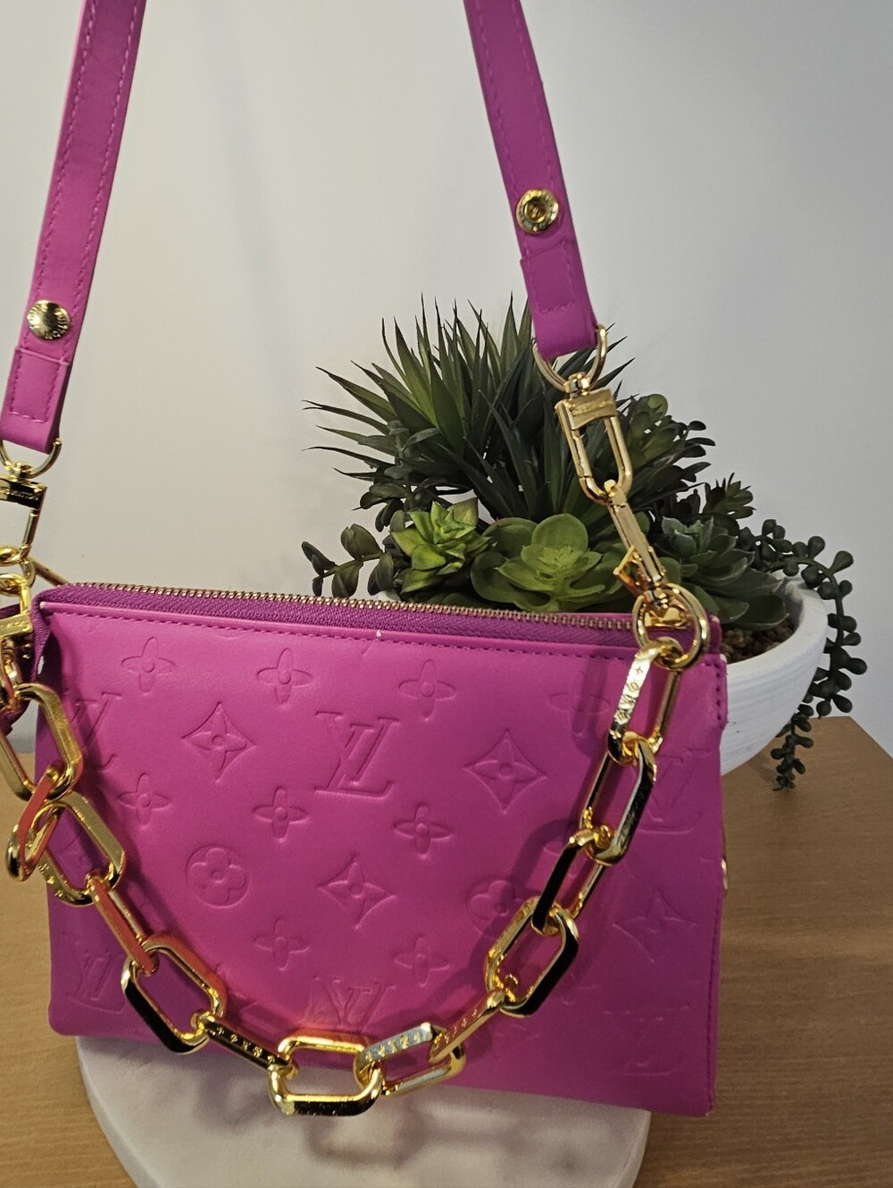 Designer Inspired Fuchsia Monogram Crossbody Bag with Gold Chain - Picture 8 of 8
